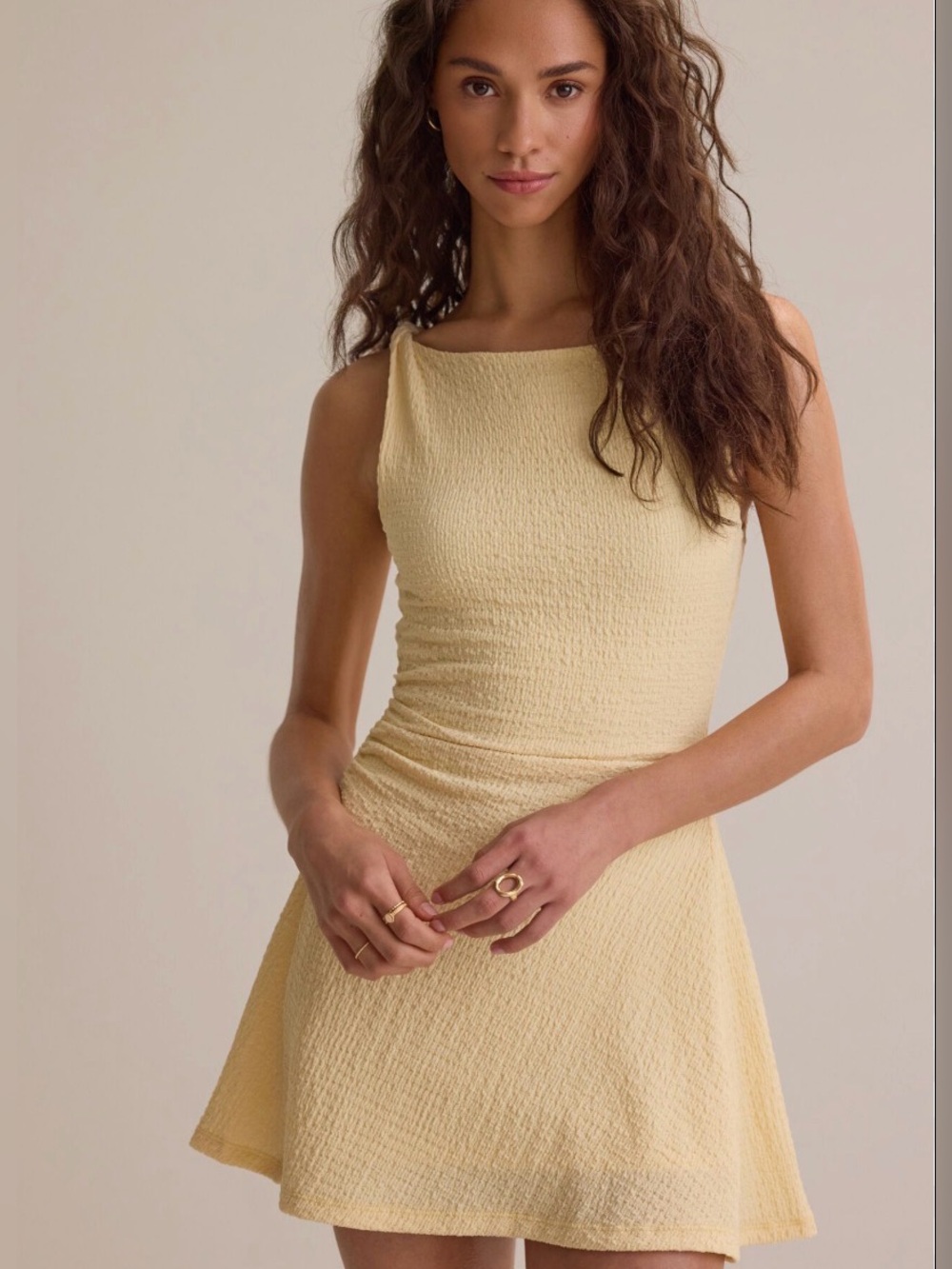 Sleeveless Textured A-Line Dress in Pale Butter Yellow, size XS Altar’d state
